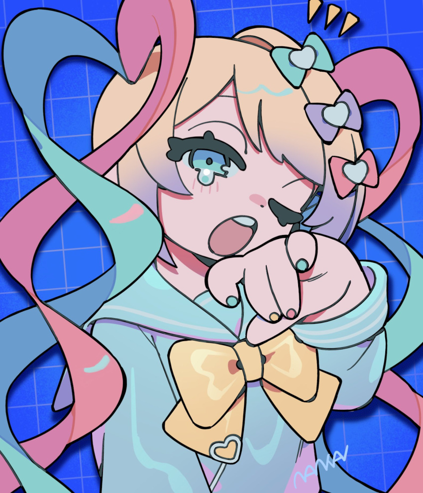 1girl, :o, blonde_hair, blue_background, blue_bow, blue_eyes, blue_hair, blue_shirt, bow, chouzetsusaikawa_tenshi-chan, commentary, hair_bow, hand_up, heart, highres, long_hair, long_sleeves, looking_at_viewer, multicolored_hair, multiple_hair_bows, nail_polish, nankai_(nankai_san), needy_girl_overdose, notice_lines, one_eye_closed, open_mouth, pink_bow, pink_hair, purple_bow, quad_tails, sailor_collar, shirt, solo, symbol-only_commentary, upper_body, yawning, yellow_bow