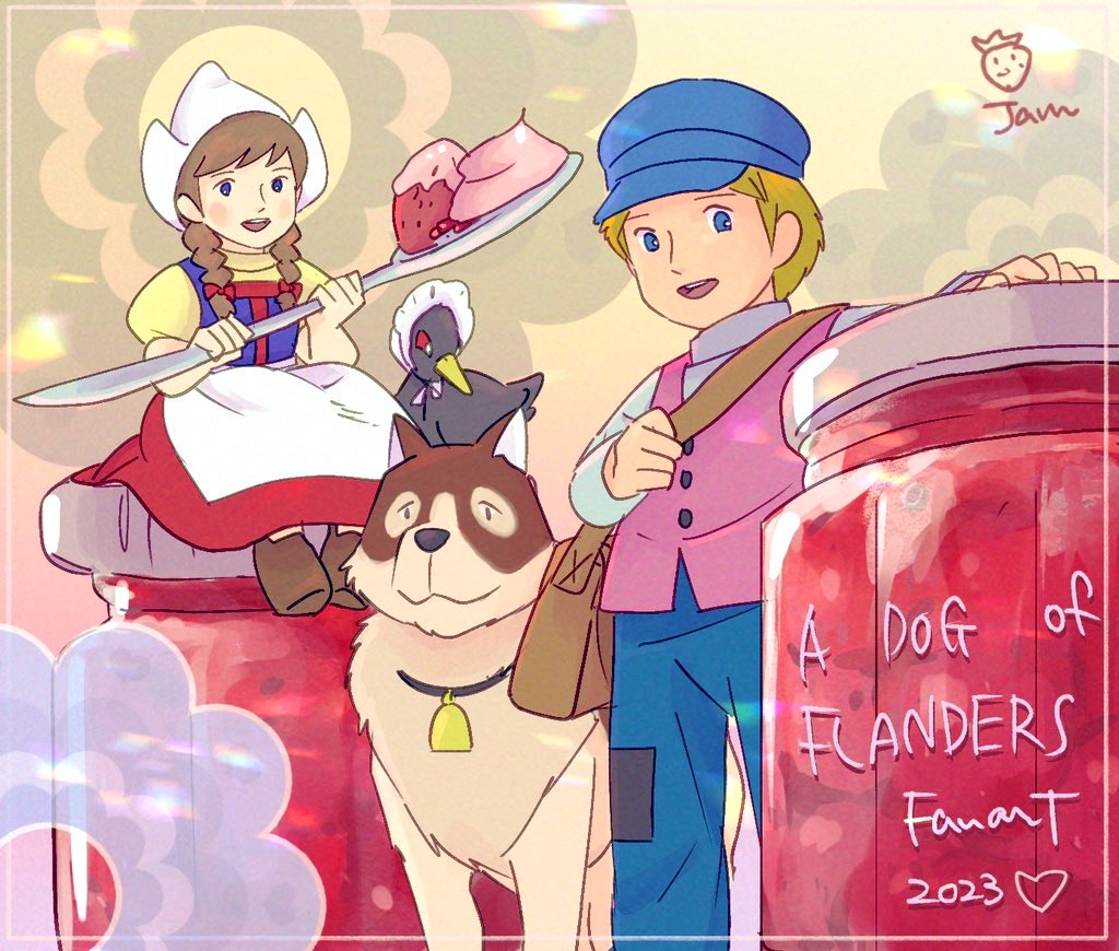 1boy, 1girl, :d, a_dog_of_flanders, aloise_cogez, bell, bird, blue_eyes