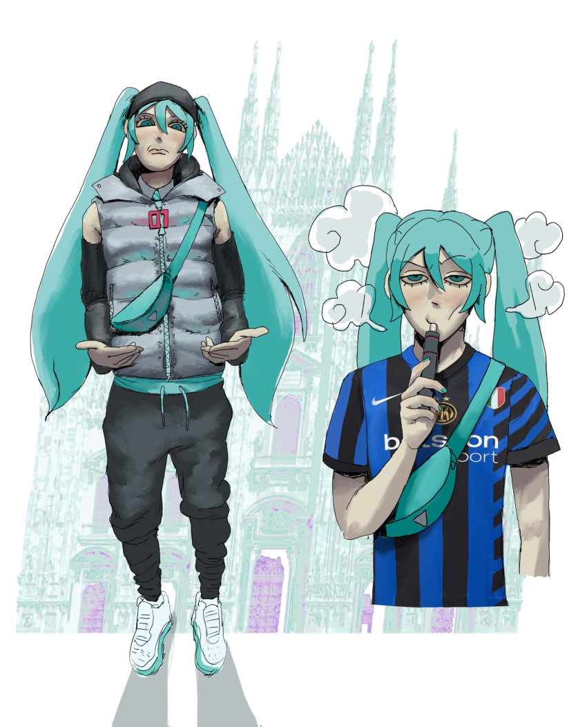 1girl, aqua_eyes, aqua_hair, black_pants, black_shirt, blue_shirt, commentary, electronic_cigarette, english_commentary, grey_jacket, hatsune_miku, headphones, highres, italian_flag, jacket, jersey, long_hair, miurp, multiple_views, pants, shirt, shoes, sleeveless, sleeveless_jacket, sneakers, soccer_uniform, sportswear, standing, striped_clothes, striped_shirt, twintails, two-tone_shirt, vest, vocaloid, white_footwear
