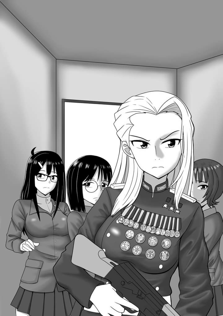 4girls, character_request, girls_und_panzer, glasses, kuroumikei, military_uniform, multiple_girls, parody