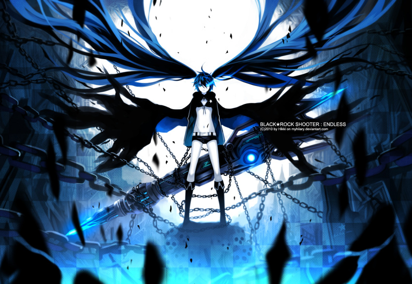 bikini_top, black_hair, black_rock_shooter, black_rock_shooter_(character), blue_eyes, boots, chain, chains