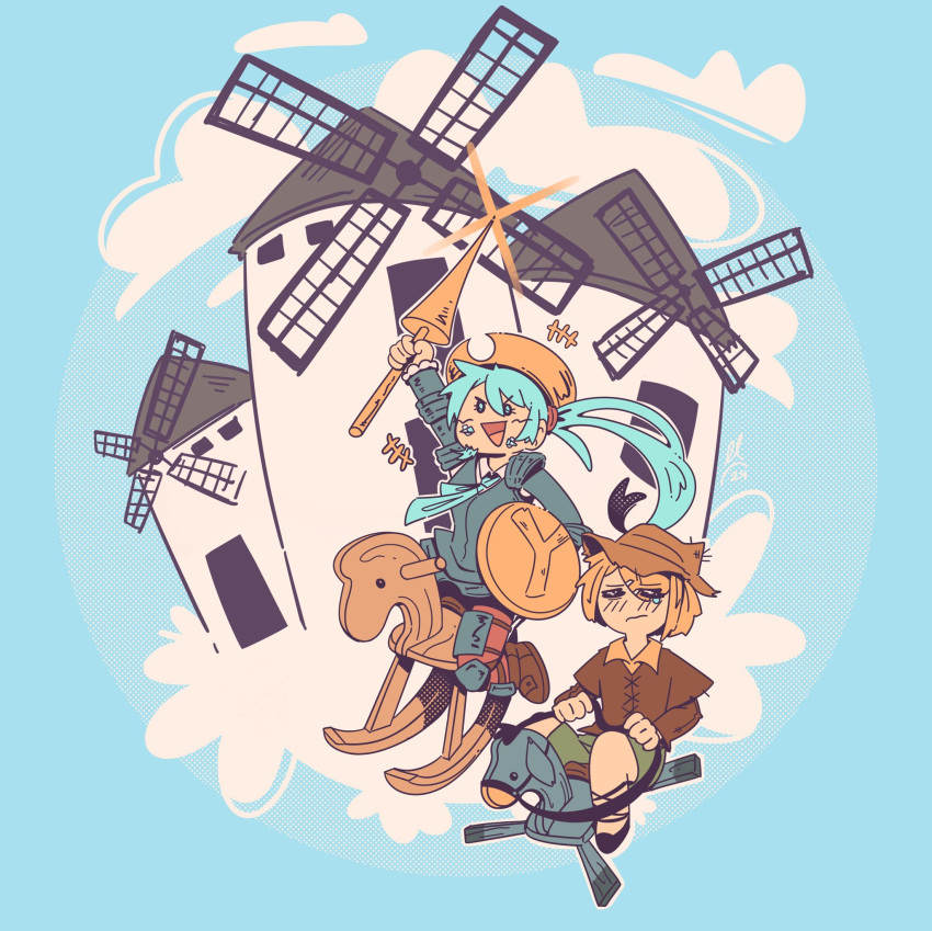 2girls, armor, blonde_hair, blue_eyes, blue_hair, blue_necktie, brown_hat, brown_shirt