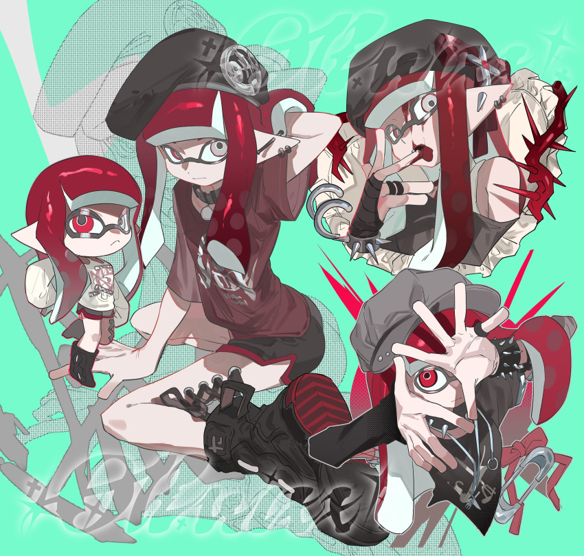 1girl, aged_up, ambiguous_red_liquid, animal_collar, aqua_background, arched_back, arm_behind_head, arm_up, bangle, barbell_piercing, beret, between_legs, black_bridal_gauntlets, black_choker, black_footwear, black_hat, black_shirt, blunt_bangs, blunt_ends, body_piercings, boots, bra, bra_strap, bracelet, bridal_gauntlets, cabbie_hat, chibi, choker, collar, colored_shoe_soles, corset_piercing, dolphin, ear_piercing, finger_frame, finger_frame_over_eye, finger_to_mouth, grey_eyes, grey_hat, half-closed_eye, hand_between_legs, hand_in_own_hair, hand_rest, hat, heterochromia, highres, industrial_piercing, inkling, inkling_girl, inkling_player_character, jewelry, kiwi_splatoon, long_hair, long_sidelocks, long_sleeves, looking_back, looking_through_fingers, multiple_views, open_hands, piercing, pointy_ears, print_shirt, red_eyes, red_shirt, redhead, shirt, short_shorts, short_sleeves, shorts, single_off_shoulder, spiked_bra, spiked_choker, spikes, splatoon_(series), t-shirt, thigh_corset, underwear, watermark, white_bra, white_shirt, zoom_layer