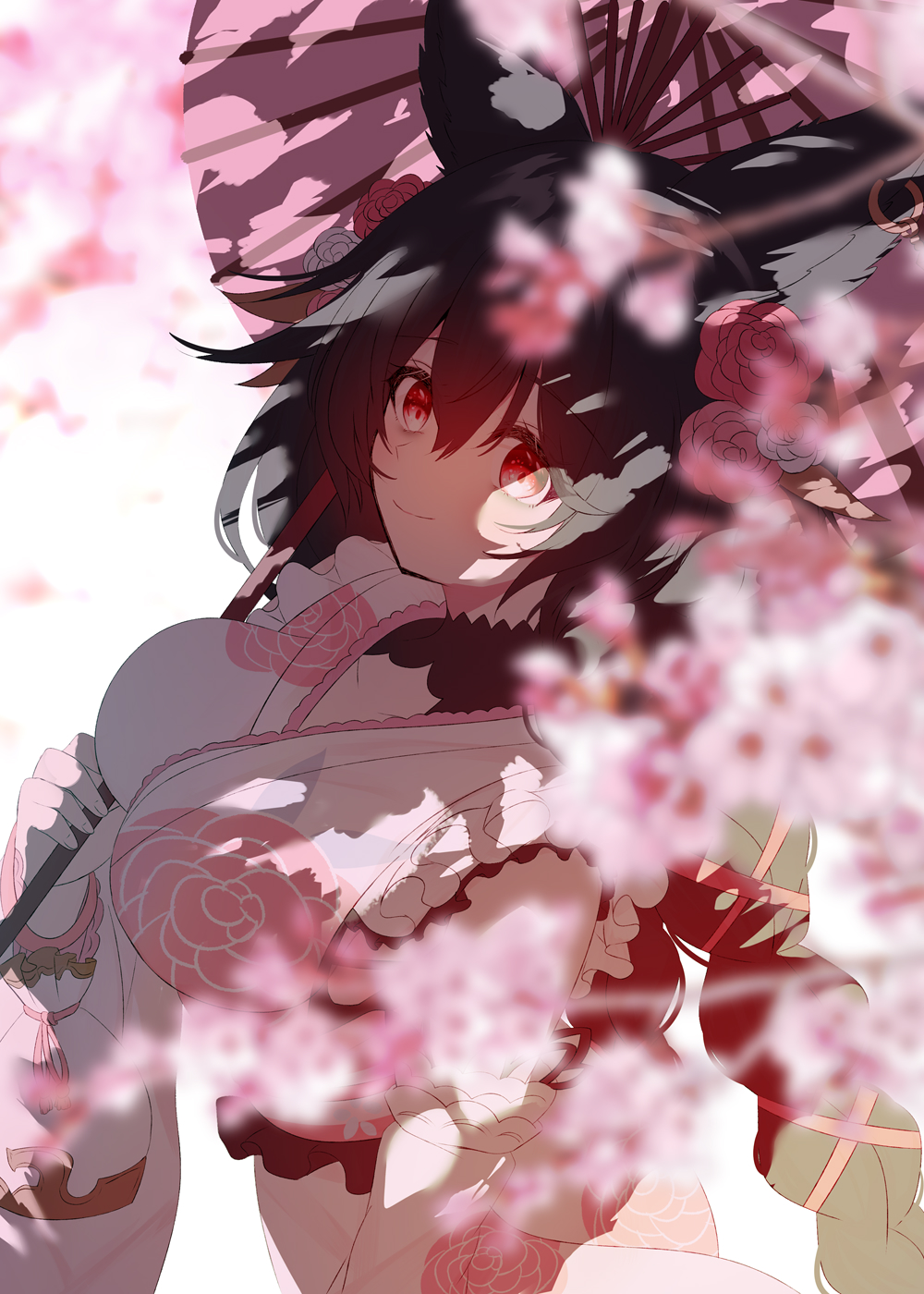 1girl, animal_ears, bags_under_eyes, black_hair, braid, breasts, floral_print_kimono, flower