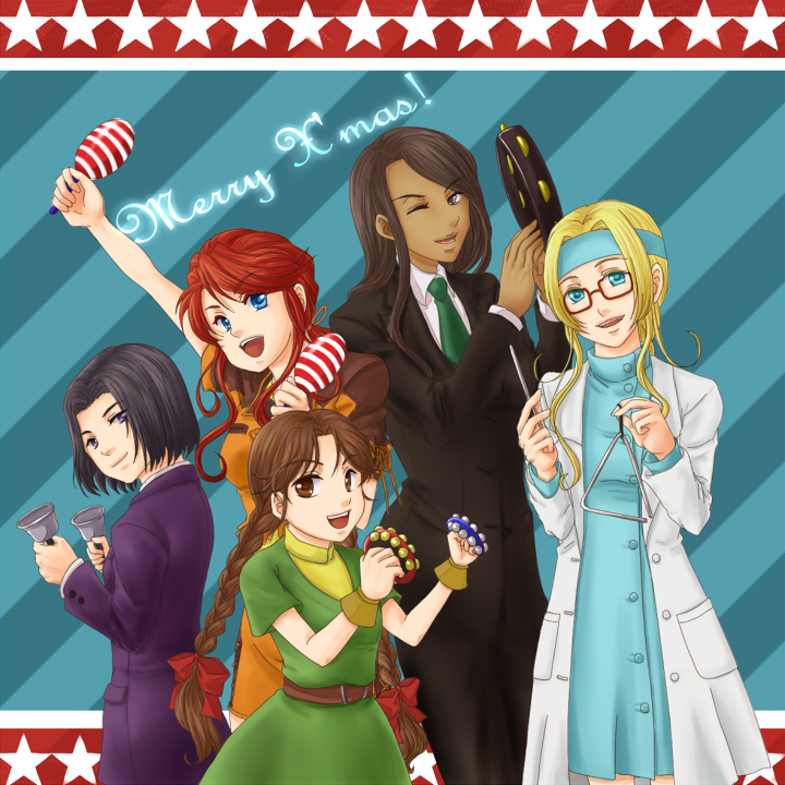 black_hair, blonde_hair, blue_eyes, braid, brown_eyes, brown_hair, dark_skin, diana_caprice, dress, formal, gemini_sunrise, glasses, instrument, kujou_subaru, labcoat, long_hair, maracas, merry_christmas, necktie, open_mouth, pleiades, purple_eyes, red_hair, redhead, rikaritta_aries, sagitta_weinberg, sakura_taisen, sakura_taisen_v, short_hair, smile, suit, tambourine, triangle_(instrument), twin_braids, violet_eyes