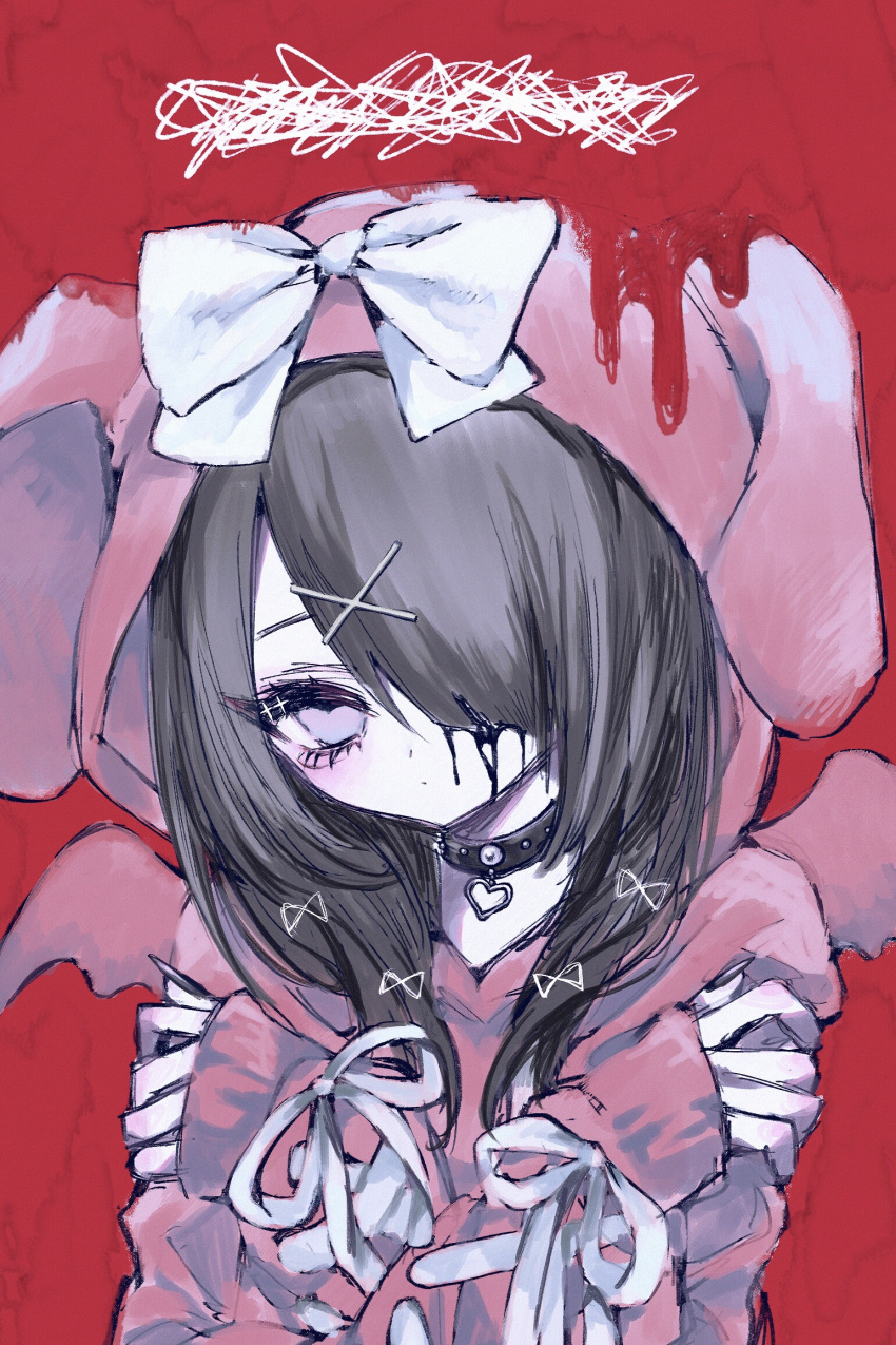 1girl, ame-chan_(needy_girl_overdose), ame-chan_(needy_girl_overdose_exhibition)_(needy_girl_overdose), animal_hood, aoi_bansoko, black_choker, black_hair, bow, choker, chouzetsusaikawa_tenshi-chan, closed_mouth, commentary_request, crossed_arms, fake_wings, hair_bow, hair_down, hair_ornament, hair_over_one_eye, hands_up, highres, hood, hood_up, hoodie, long_hair, long_sleeves, looking_at_viewer, needy_girl_overdose, official_alternate_costume, rabbit_hood, red_background, red_hoodie, self_hug, solo, upper_body, violet_eyes, white_bow, wings, x_hair_ornament
