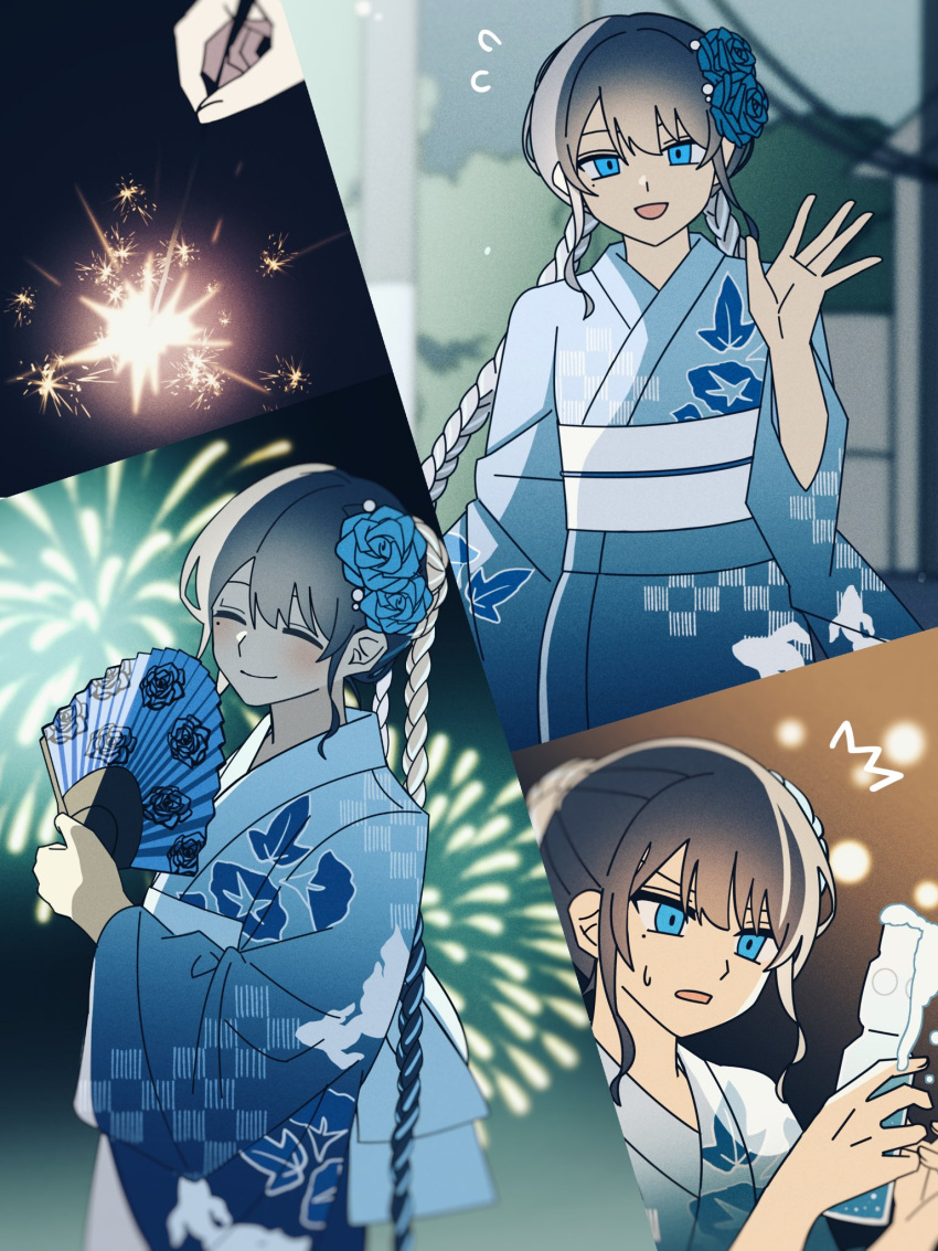 1girl, ado_(utaite), aerial_fireworks, black_hair, blue_eyes, blue_flower, blue_hair, blue_kimono