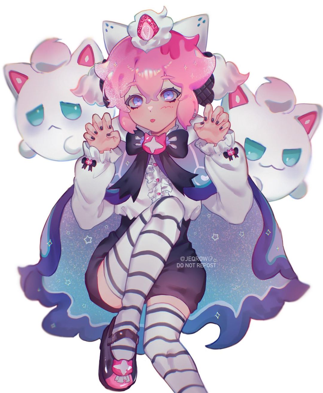 1other, :p, black_footwear, black_nails, black_ribbon, blue_cape, brooch, buttons