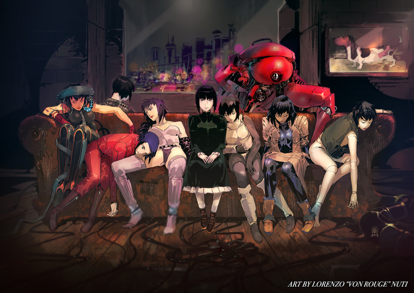 6+girls, city, cityscape, couch, dog, ghost_in_the_shell, indoors, kusanagi_motoko