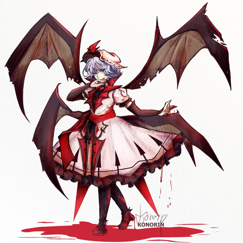 1girl, artist_name, bat_wings, biting_own_finger, black_gloves, black_pantyhose, bleeding, blood