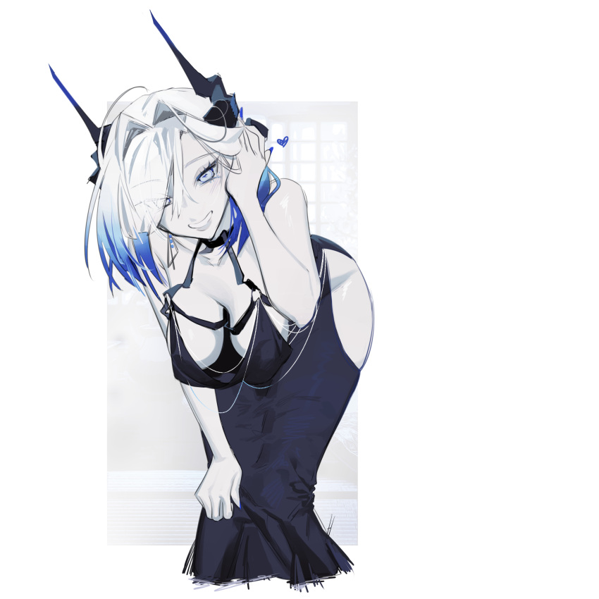 1girl, absurdres, black_dress, black_horns, blue_eyes, blue_hair, breasts, dress