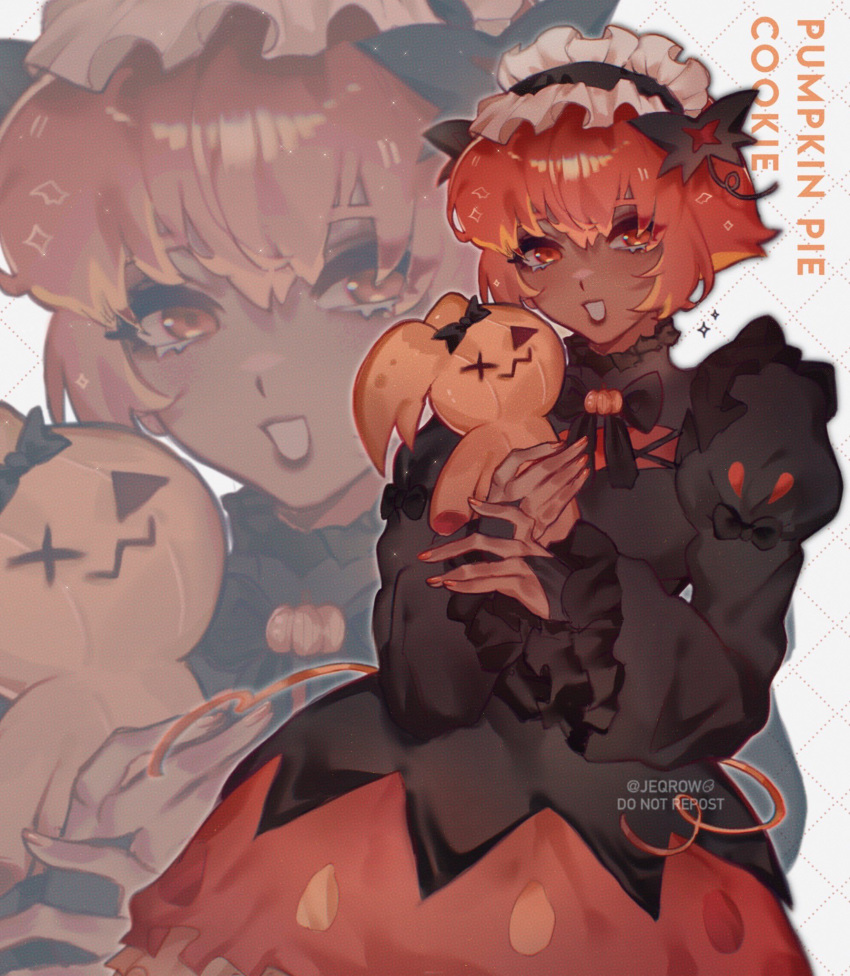 1girl, above_cleavage_cutout, black_bridal_gauntlets, black_dress, black_hairband, breasts, bridal_gauntlets, character_name