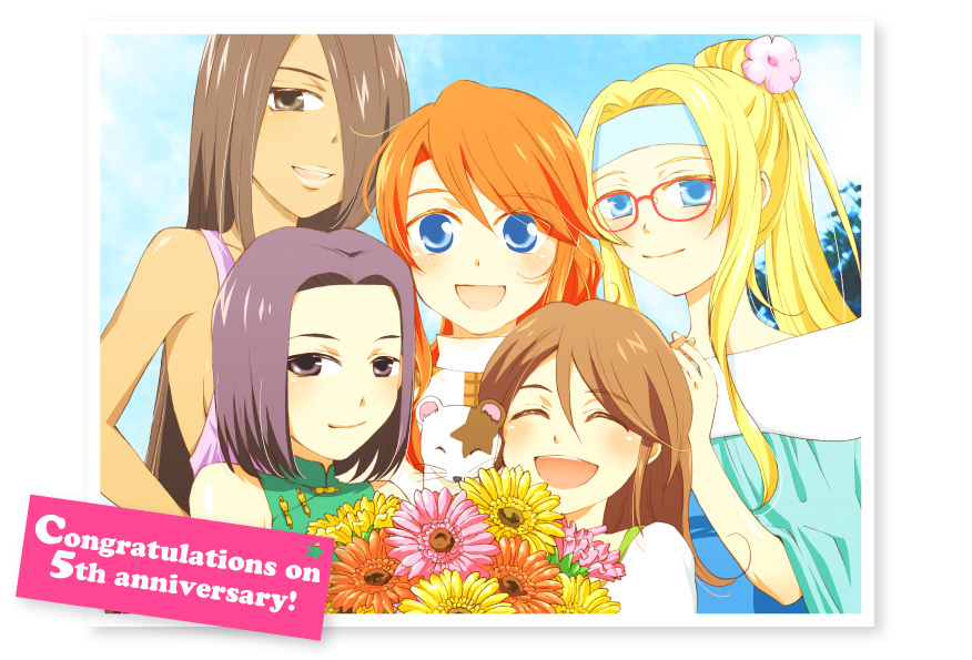 black_hair, blonde_hair, blue_eyes, blush, bouquet, brown_eyes, brown_hair, chino_(mangosteen)