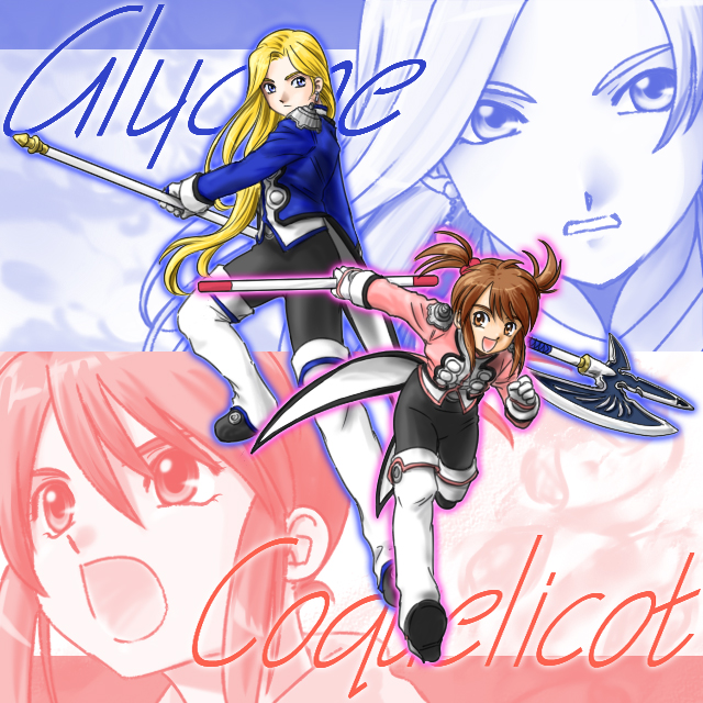 baton, blonde_hair, blue_eyes, boots, brown_eyes, brown_hair, coquelicot, gloves