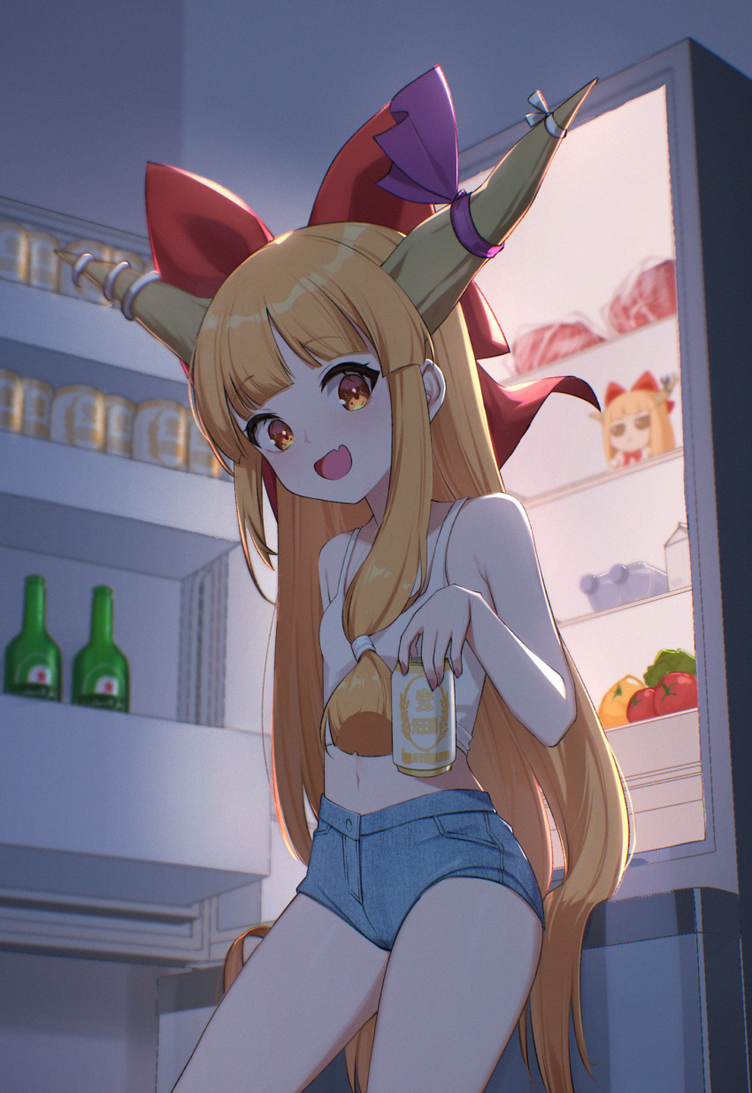 alcohol, beer, belly, bow, breasts, denim, denim_shorts, fumo_(doll)