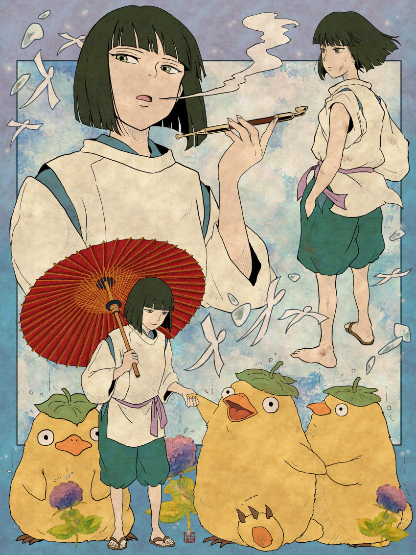 1boy, bird, bishounen, blunt_bangs, blunt_ends, border, duck, flower