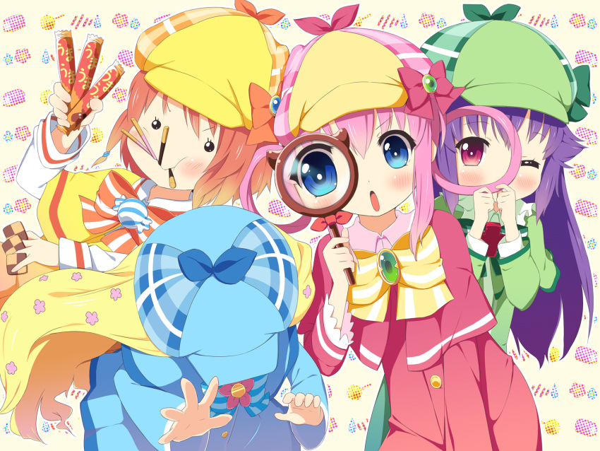 cordelia_glauca, deerstalker, hat, hercule_barton, highres, magnifying_glass, magnifying_lens, pocky