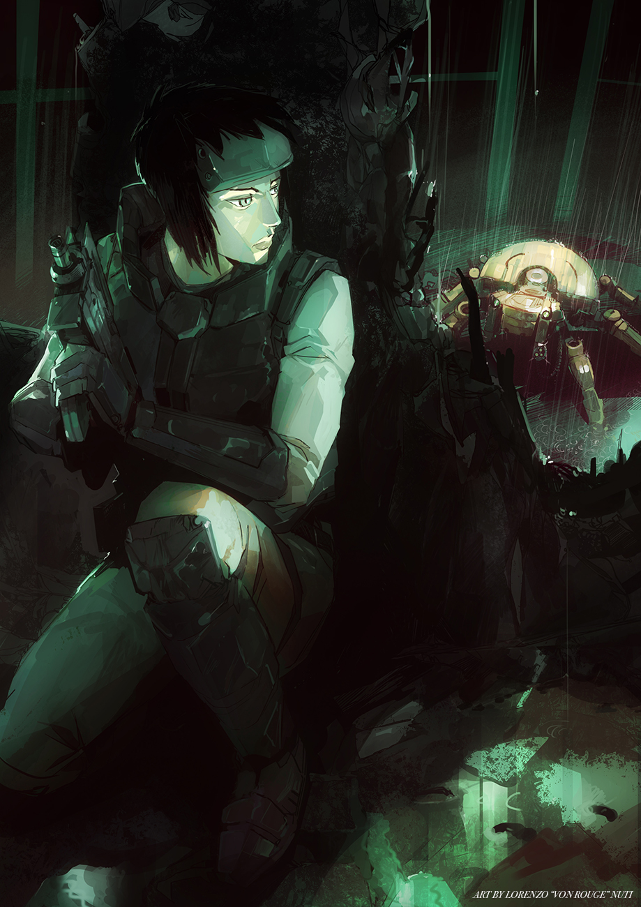 1girl, black_hair, blue_eyes, body_armor, bodysuit, cyberpunk, ghost_in_the_shell, grey_background