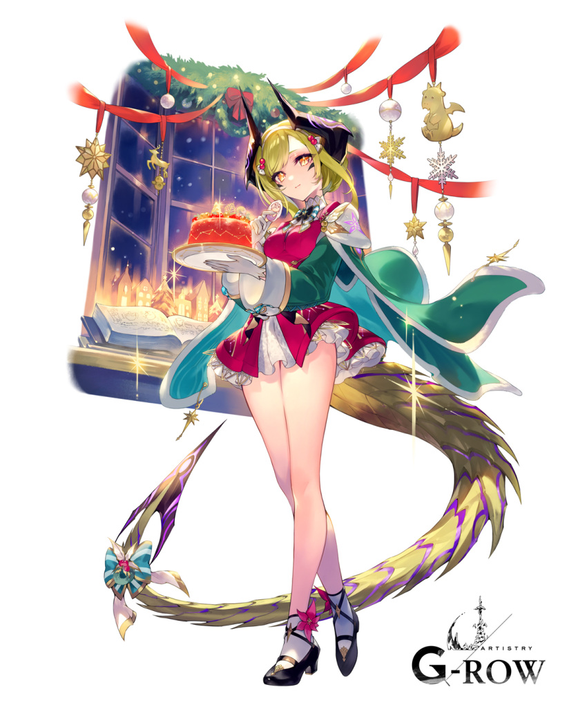 1girl, book, cake, christmas, christmas_cake, cloak, closed_mouth, dare_ga_tame_no_alchemist, food, full_body, gloves, green_hair, high_heels, highres, holding, horns, looking_at_viewer, neck_ribbon, night, night_sky, official_art, ribbon, shibuhiko, shoes, skirt, sky, socks, solo, standing, tail, thighs, white_background, white_socks, window, yellow_eyes