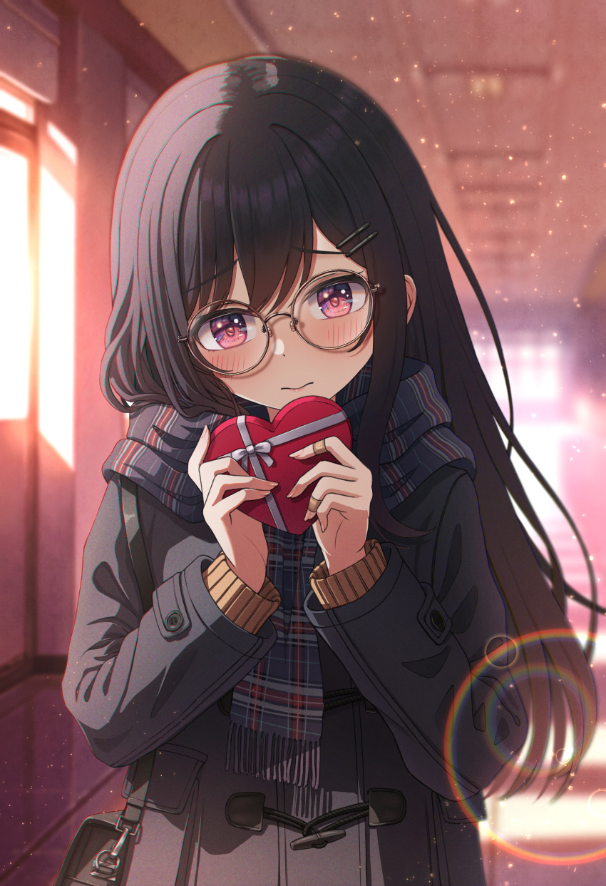 1girl, absurdres, bag, bandaid, black_bag, black_coat, black_hair, blush, box, closed_mouth, coat, furrowed_brow, glasses, hair_ornament, hairclip, harupuri913, heart-shaped_box, highres, holding, holding_box, indoors, lens_flare, long_sleeves, looking_at_viewer, original, scarf, shoulder_bag, solo, upper_body, valentine, violet_eyes