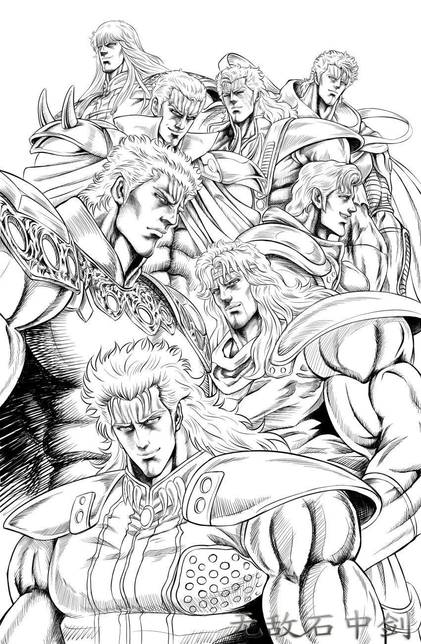 absurdres, highres, hokuto_no_ken, juza, male, manly, monochrome, multiple_boys, muscle, pauldrons, raoh, rei_(hokuto_no_ken), ryuga, shew, shin_(hokuto_no_ken), shuralvbu, shuu_(hokuto_no_ken), souther, toki_(hokuto_no_ken)