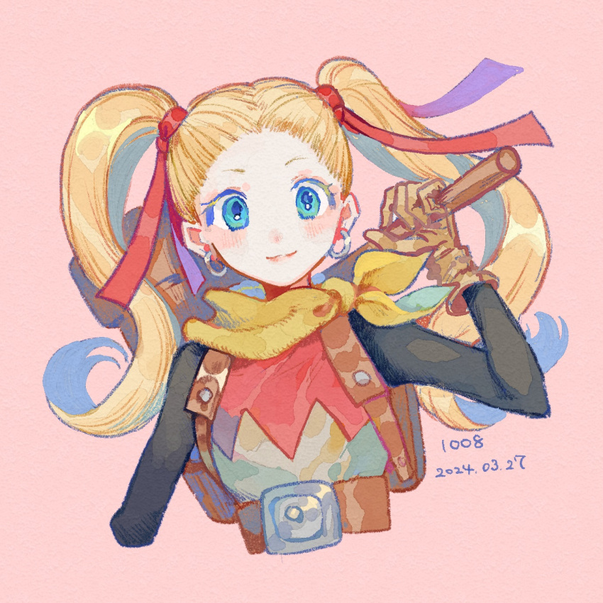 1girl, 2024, backpack, bag, belt, belt_buckle, black_sleeves, blonde_hair