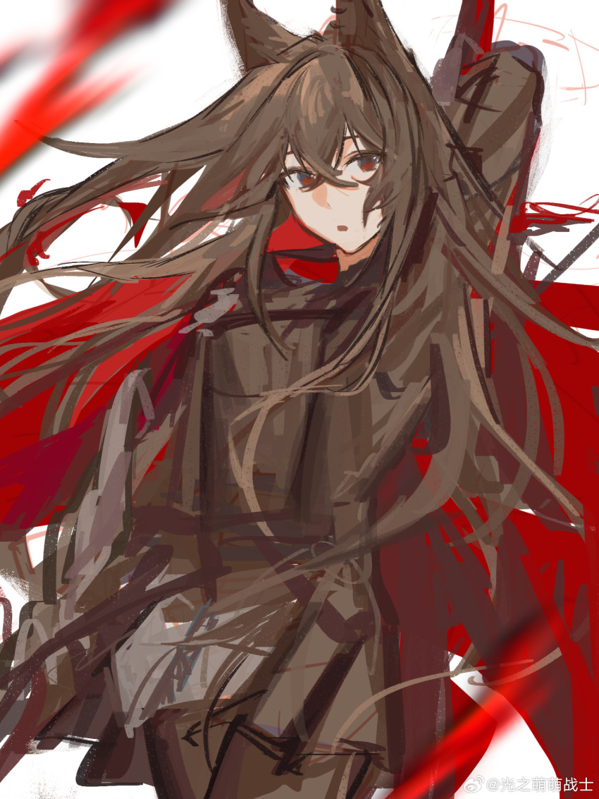 1girl, animal_ear_piercing, animal_ears, arknights, arm_up, black_hair, black_jacket, chinese_commentary, colored_inner_hair, commentary_request, crossed_bangs, feiyu30903448, hair_between_eyes, highres, jacket, long_hair, looking_at_viewer, multicolored_hair, open_mouth, red_eyes, redhead, sketch, solo, texas_(arknights), weibo_watermark, white_background, wolf_ears, wolf_girl