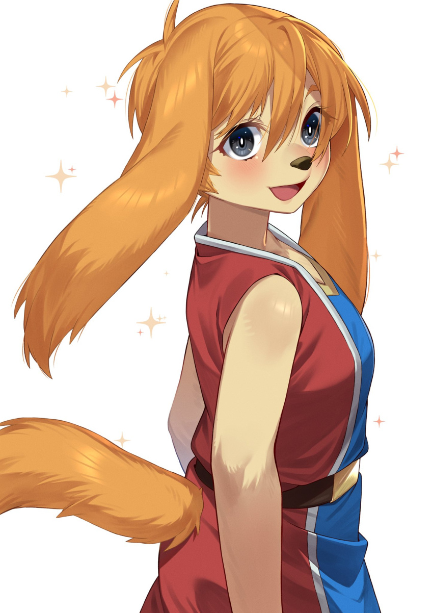1girl, :d, animal_ears, animal_nose, belt, blonde_hair, blush, bright_pupils