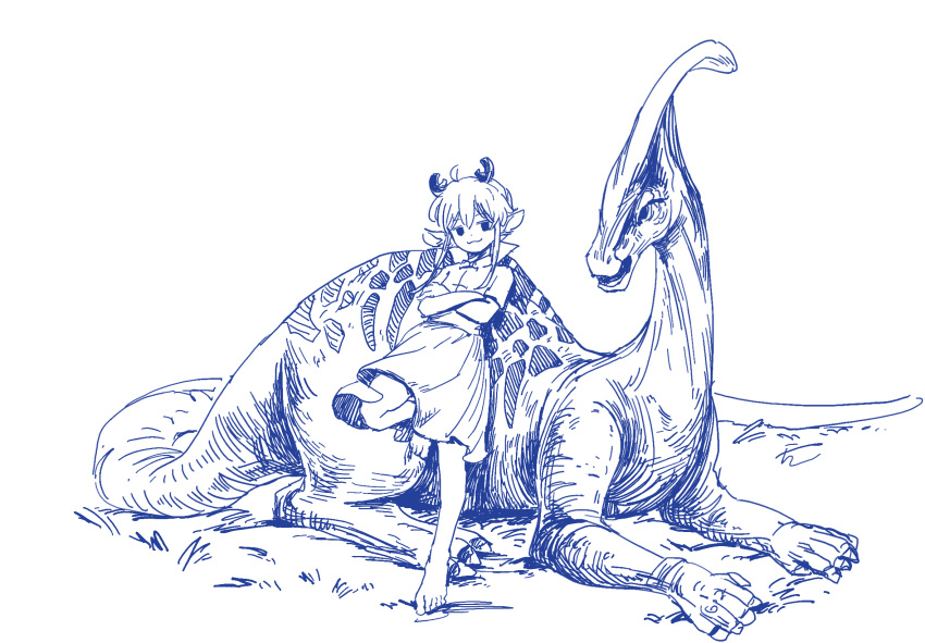 1girl, animal, animal_ears, barefoot, blue_theme, closed_mouth, crossed_arms, dinosaur