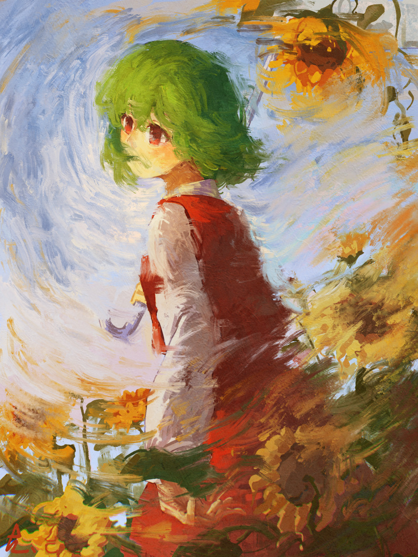 1girl, cowboy_shot, day, flower, from_behind, ge_dazuo, green_hair, highres