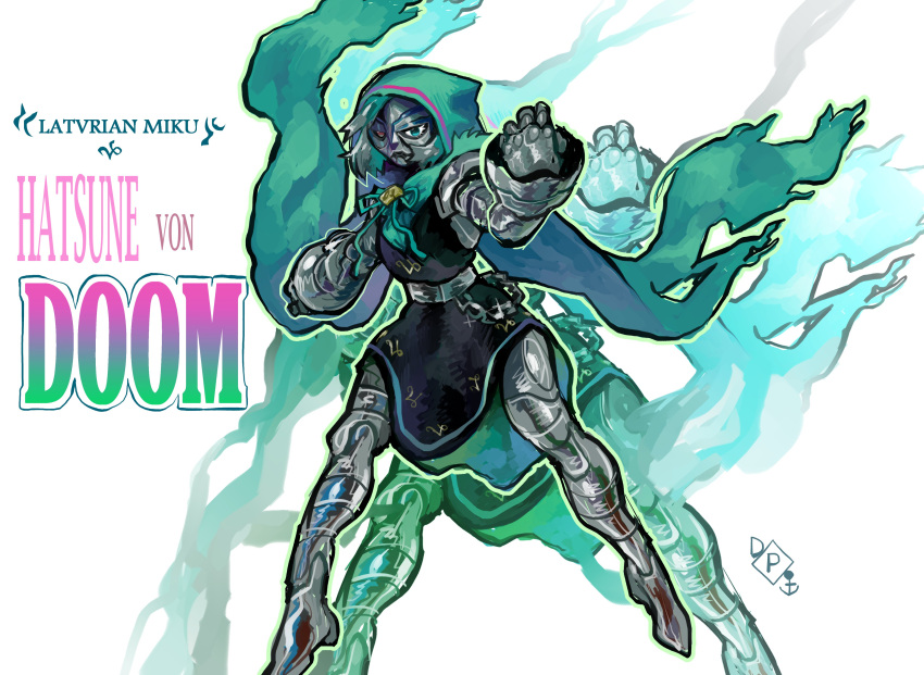 1girl, absurdres, armor, cape, cosplay, crossover, doctor_doom, drizzlingprince