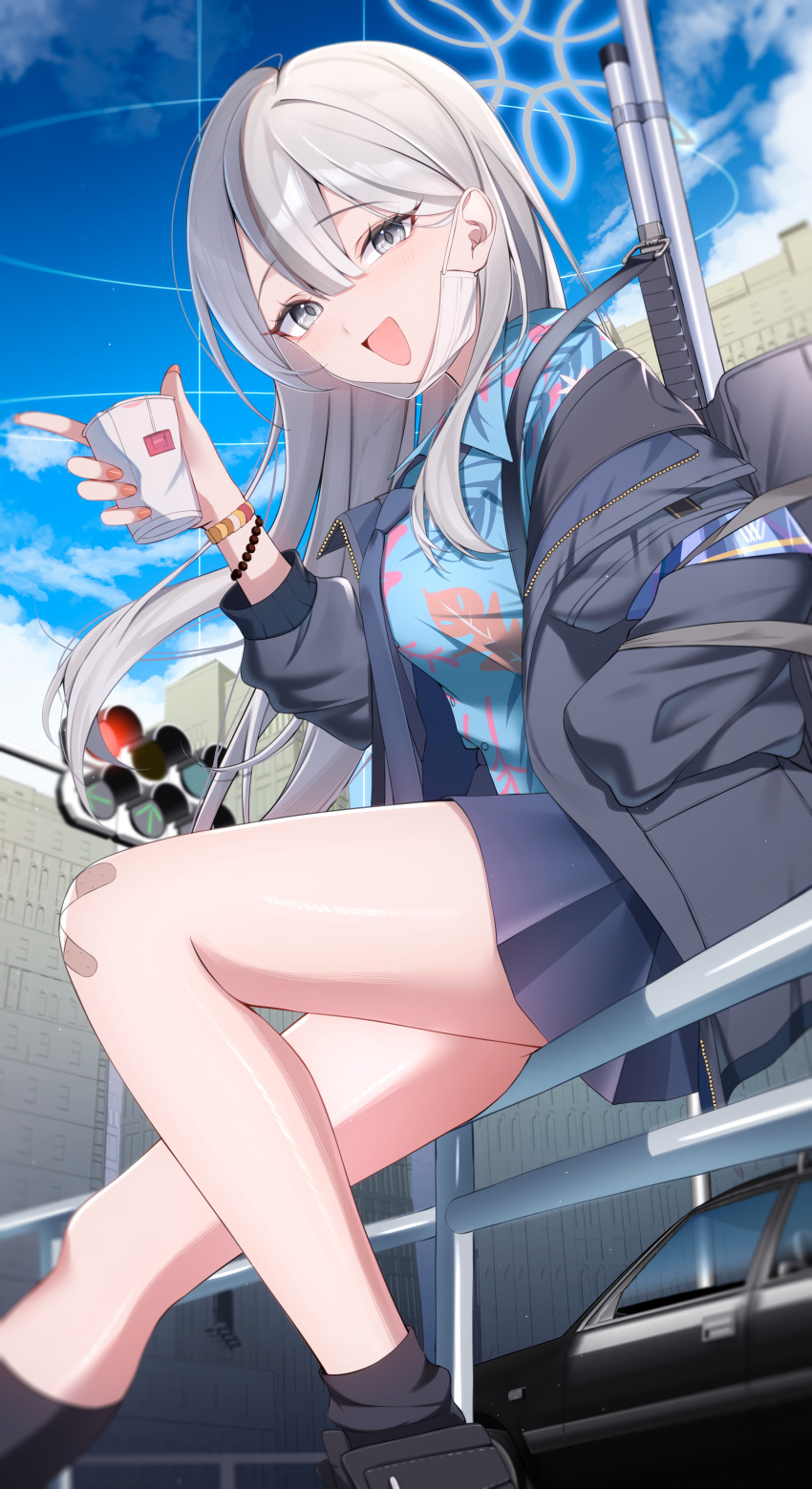 1girl, :d, absurdres, ankle_socks, armband, asymmetrical_legwear, backpack, bag