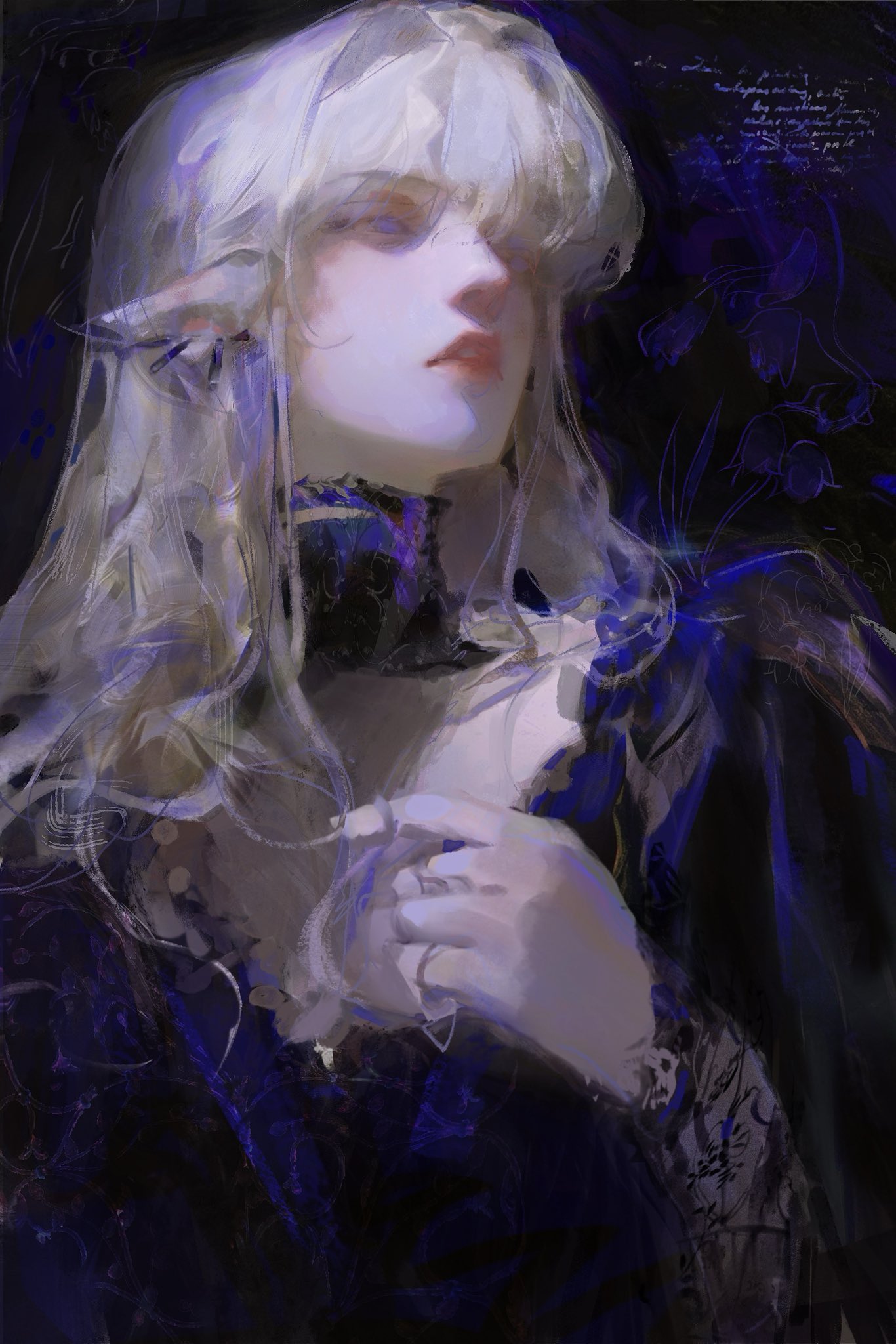1girl, blonde_hair, blue_dress, blunt_bangs, dress, earrings, expressionless, hair_intakes