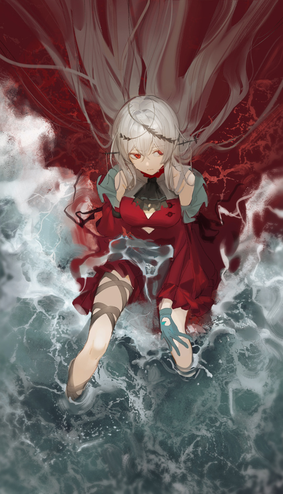 1girl, :|, afloat, aqua_gloves, arknights, ascot, bare_shoulders, black_ascot