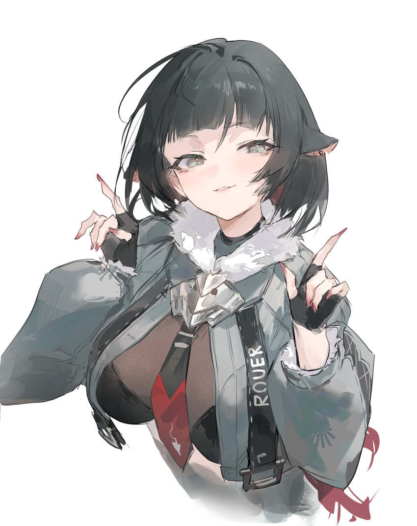 1girl, absurdres, black_gloves, blunt_bangs, breasts, commentary, fingerless_gloves, fingernails