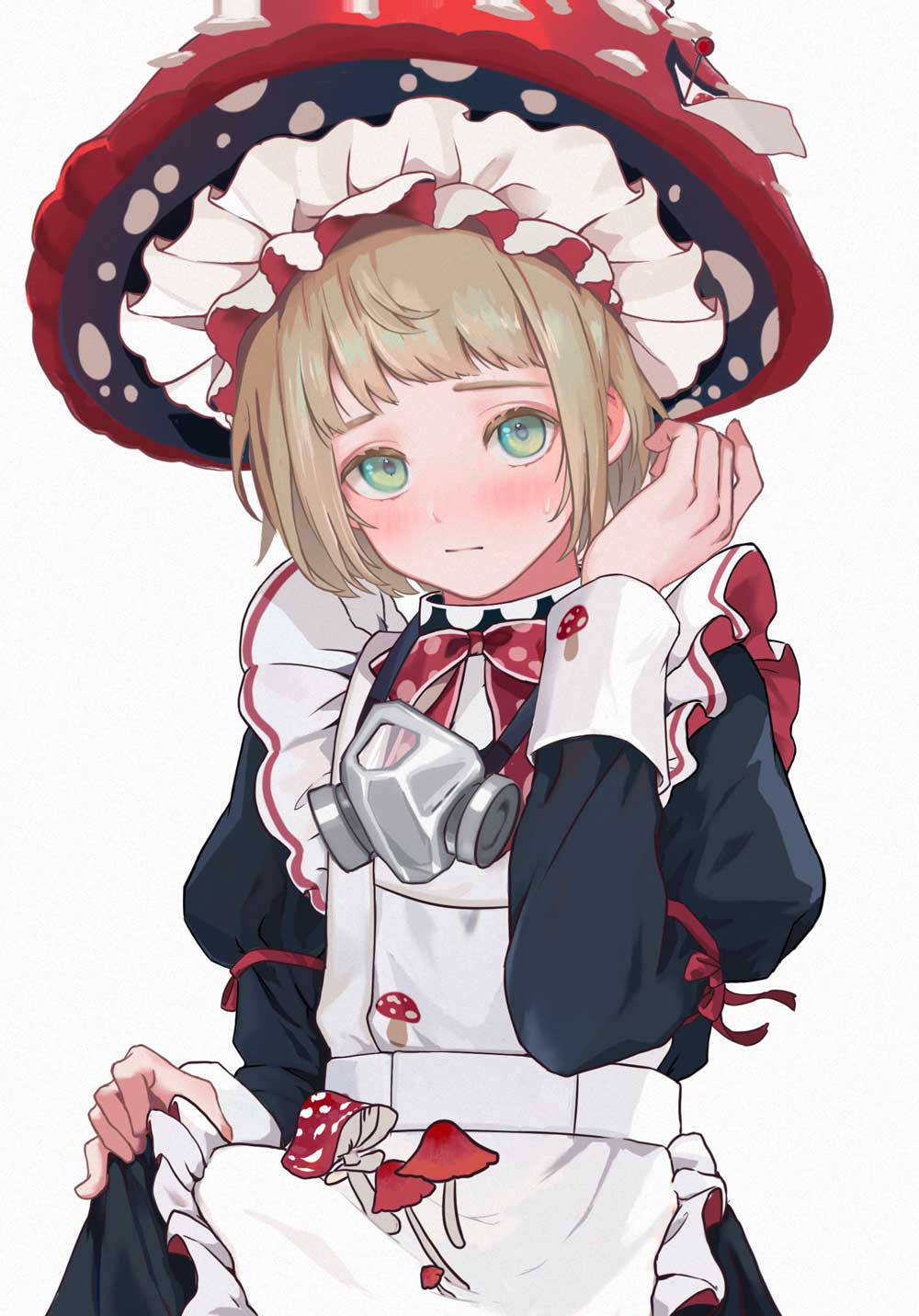 1boy, :/, apron, aqua_eyes, black_dress, blonde_hair, blunt_bangs, blush