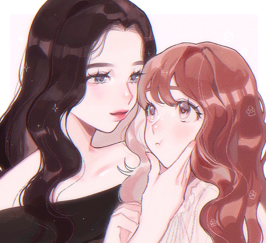 2girls, black_hair, black_shirt, blush, brown_eyes, brown_hair, closed_mouth, commentary_request, grey_eyes, hand_on_another's_face, highres, japan-korea_yuri_(meme), long_hair, looking_at_another, meme, moon_oo8, multiple_girls, off-shoulder_shirt, off_shoulder, original, parted_lips, pout, red_lips, shirt, simple_background, smile, upper_body, white_background, white_shirt, yuri