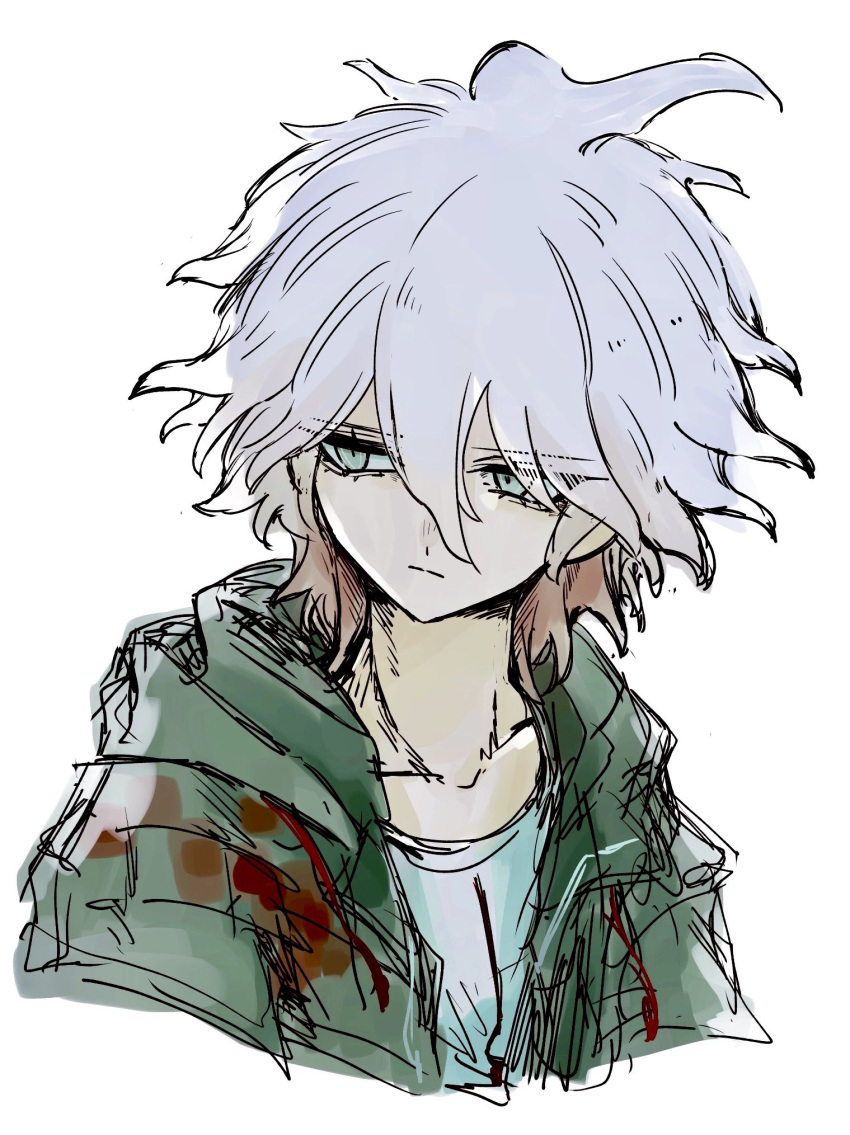 1boy, collarbone, cropped_torso, danganronpa_(series), danganronpa_2:_goodbye_despair, frown, green_jacket, grey_eyes