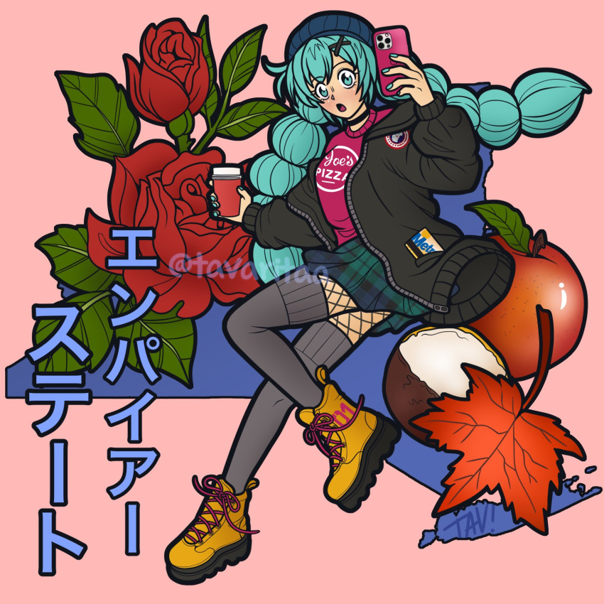 1girl, apple, aqua_eyes, aqua_hair, autumn_leaves, beanie, black_choker, black_jacket, blue_footwear, blush, boots, choker, cup, fishnet_pantyhose, fishnets, flower, food, fruit, grey_pantyhose, hair_ornament, hairclip, hat, hatsune_miku, highres, holding, holding_cup, holding_phone, jacket, leaf, long_hair, long_sleeves, looking_at_viewer, open_mouth, pantyhose, phone, pink_sweater, plaid_clothes, plaid_skirt, print_sweater, red_flower, red_rose, rose, skirt, smile, solo, sweater, tavaritaa, twintails, very_long_hair, vocaloid, yellow_footwear