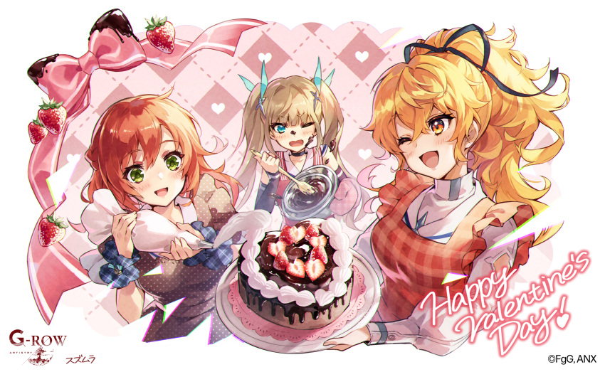3girls, apron, ascalon_(phantom_of_the_kill), aster_tatariqus, blonde_hair, blue_eyes, cake, food
