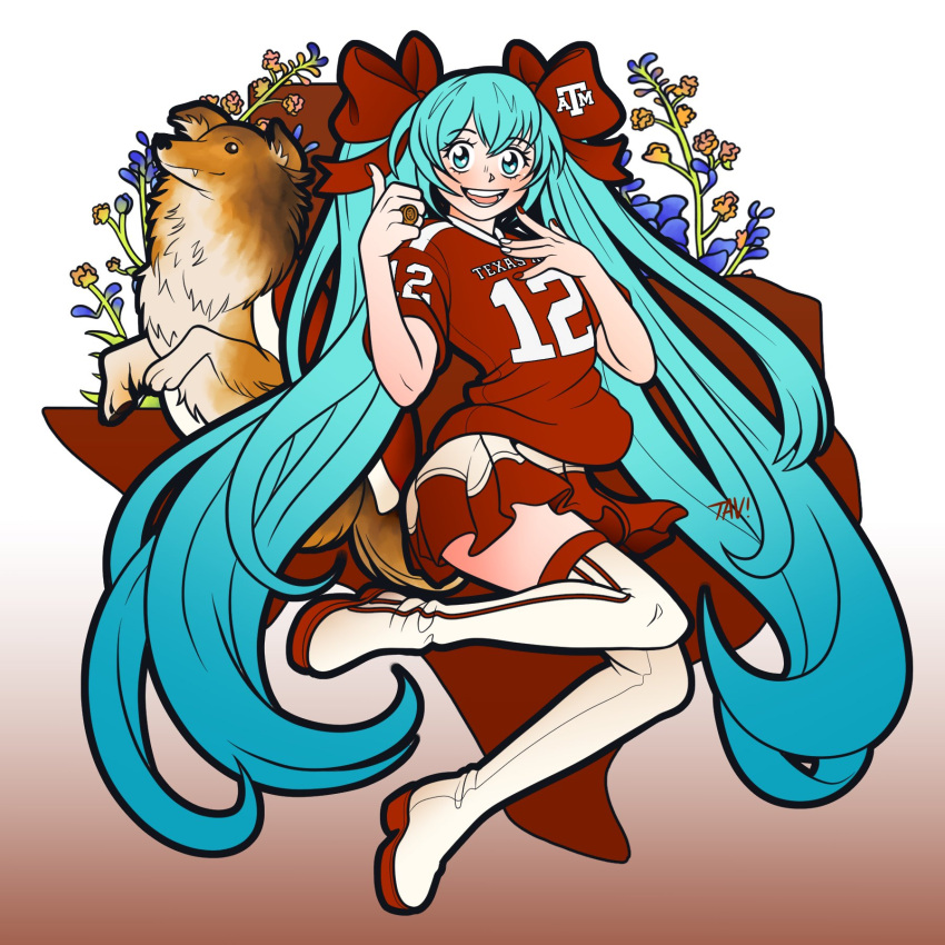 1girl, aqua_eyes, aqua_hair, blue_flower, boots, bow, dog, flower