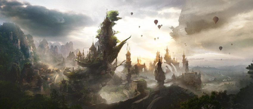 absurdres, aircraft, architecture, building, clouds, cloudy_sky, concept_art, east_asian_architecture, fantasy, great_wall_of_china, highres, hot_air_balloon, iko_na, mountainous_landscape, original, scenery, sky, temple, tree
