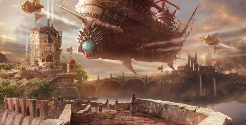 6+others, aircraft, airship, boat, bridge, chimney, clouds, cloudy_sky