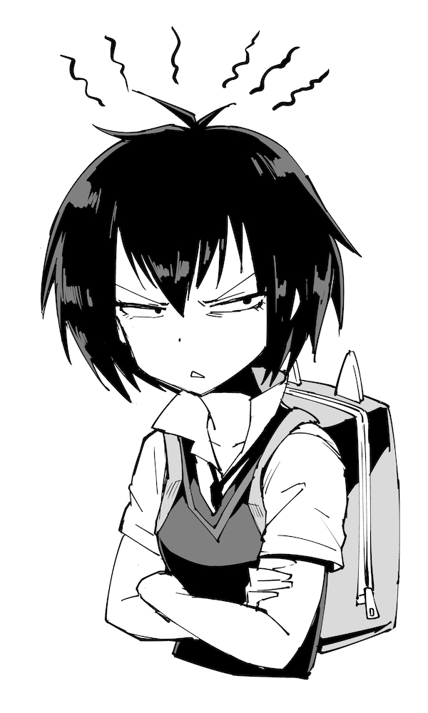 1girl, annoyed, backpack, bag, commentary_request, cropped_torso, crossed_arms, fan_no_hitori