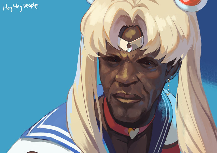 bishoujo_senshi_sailor_moon, blonde_hair, blue_background, blue_sailor_collar, choker, cosplay, crossdressing, dark-skinned_male, dark_skin, earrings, english_text, jewelry, kongolo_nadiane, looking_at_viewer, meme, mixed-language_commentary, natori_youkai, sailor_collar, sailor_moon, sailor_moon_(cosplay), sailor_moon_redraw_challenge_(meme), ssethtzeentach, tiara, twintails
