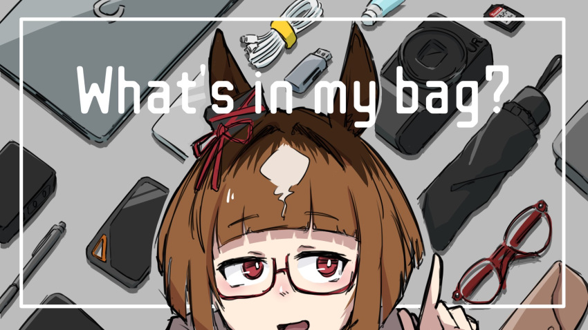 1girl, animal_ears, brown_hair, cable, camera, cellphone, computer, ear_ornament