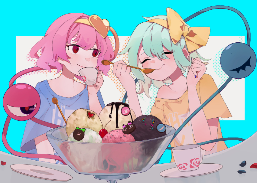 2girls, alternate_costume, bare_shoulders, black_eyes, blue_nails, blue_shirt, blush, bow