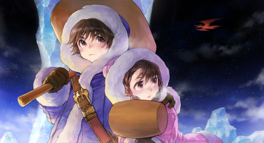brown_eyes, brown_hair, coat, condor, gloves, hammer, hood, hug