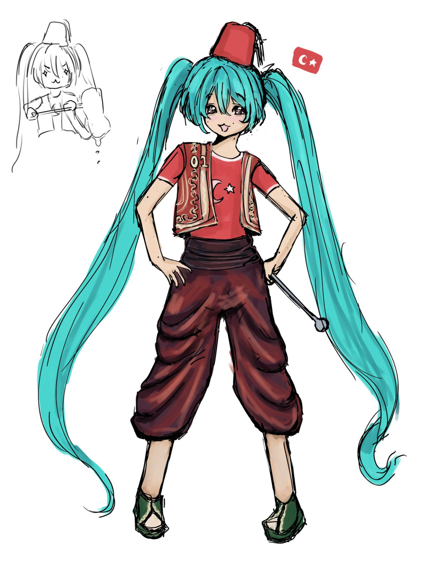 blue_hair, fez_hat, food, green_footwear, hatsune_miku, highres, holding, holding_spoon, ice_cream, jacket, open_mouth, pants, red_jacket, red_pants, red_shirt, shirt, spoon, turkish_clothes, turkish_flag, twintails, vocaloid, zombi3d0ll
