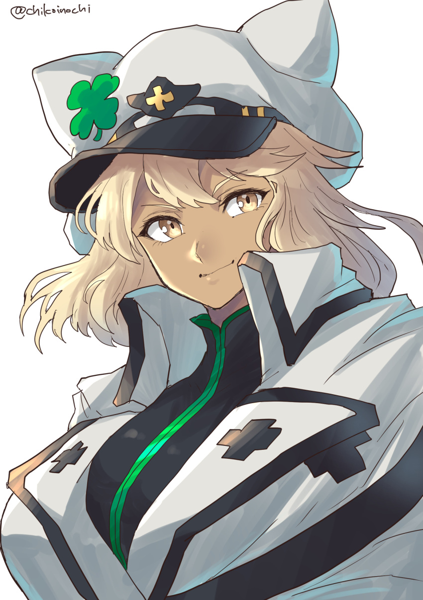 1girl, animal_ear_headwear, blonde_hair, breasts, chikoinochi, closed_mouth, clover, coat